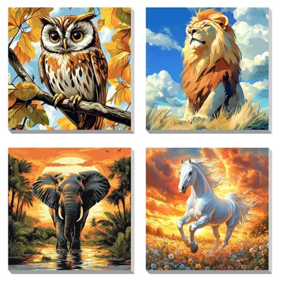 Produktbild von Malen nach Zahlen Set - 4-teilig mit Rahmen - DIY Acrylmalerei für Erwachsene und Kinder - Tiere Motiv - Leinwand 40x50 cm