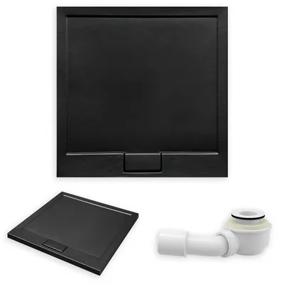 Zdjęcie produktu dla Brodzik Posadzkowy Prysznicowy Kwadratowy 90x90x4,5 Akrylowy, Efekt Kamienia, Czarny | w zestawie - Syfon, odpływ ⌀50 mm | BADLAND AXIM SLIM