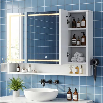 Produktbild von YITAHOME Spiegelschrank Bad mit LED, 3 Türen, Steckdosen, Wandschrank Badezimmerschrank, 100 x 15 x 75 cm, Weiß