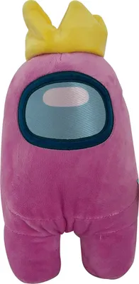 A pink Among Us plush toy wearing a yellow crown.