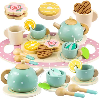 Produktbild von Teeservice Kinderküche Zubehör, Tee Set Holzspielzeug, Teeparty Spielküche Rollenspiele, Küchenspiele Holz, Geschenk für Kinder Mädchen Jungen