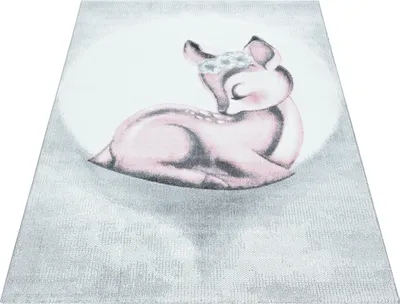 Produktbild von Kinder Teppich Kinderzimmer für Jungs und Mädchen Pink 200x290 weich Rehkitz Design bunt aus Regenbogen Fußball uvm. Rechteck aus Polypropylen