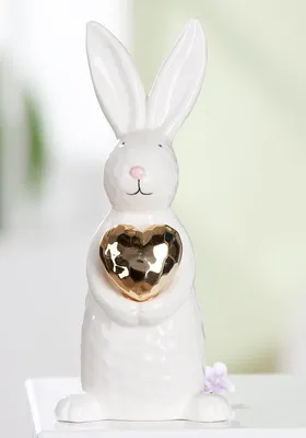 Produktbild von Osterhase Hoppy Herz Dekofigur, Weiß und Goldfarben, Keramik, 21.5 cm Höhe, Glasierte Oberfläche, Frühlingsdekoration