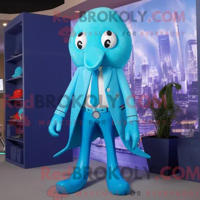 Produktbild von Cyan REDBROKOLY Squid Maskottchen Kostüm Figur bekleidet mit Blazer und Fußkettchen