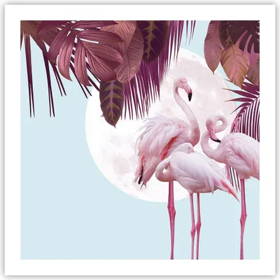 Produktbild von Poster - Poster ohne Rahmen - Flamingos Palmen Mond - 60x60 cm - Wand Bild - Wanddeko - Wandbilder - Kunstposter - Wandposter - Bilder - Kunstdruck - Wanddekoration - Wandbild - P2XAC60x60-4598