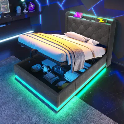 Obrázek produktu pro Postel s čalouněnou konstrukcí, rozměry 90x200 cm, šedá barva, potah z lnu, s úložným prostorem, 360° LED osvětlením a USB typu C, rám postele do ložnice