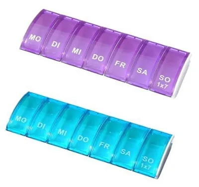 Immagine prodotto di Contenitore per pillole da 7 giorni, piccolo, set da 2 pezzi, compatto, ideale per i viaggi, con chiusura morbida