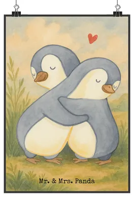 Produktbild von Mr. & Mrs. Panda Bild Pinguine Kuscheln Design DIN A0 - Weiß - Geschenk, wanddeko, für Freundin, Jahrestag, Frauen, Valentinstag, Kunstdruck, Wandbild, Hochzeitstag