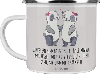 Produktbild von Mr. & Mrs. Panda wanderbecher Schwesternwunder - Grau Pastell - Geschenk, familienbeziehung, Engel und Anwalt, becher emaille, Geschwisterliebe, Kaffeepott, Teetasse