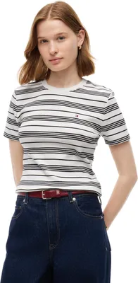 Productafbeelding van Tommy Hilfiger dames slim fit Cody C-neck T-shirt, korte mouwen, model WW0WW40587, kleur: Broken Stripe (gestreept)