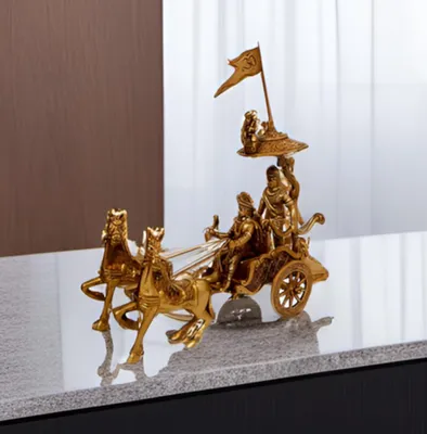 Messing-Skulptur Arjun-Streitwagen mit Krishna & Hanuman, 23 cm