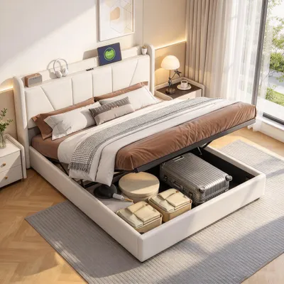 Obrázek produktu pro Postel s pružinovou základnou INONEFT, čalouněná, rozměr 160x200 cm, s úložným prostorem, hydraulický úložný prostor, USB a Type-C porty, vhodná jako postel pro mládež, dvoulůžko, barva: béžová, materiál: len