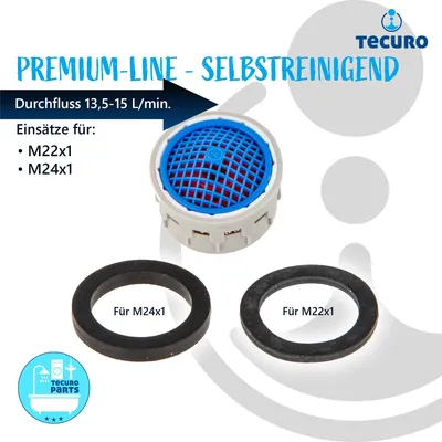 Produktbild von tecuro Selbstreinigende PREMIUM Strahlregler Einsatz für M22/M24, Durchflussklasse A: 13,5 - 15,0 l/min, inkl. Dichtung
