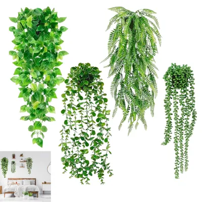 Kunstpflanzen-Set, 4 Hängepflanzen, Efeu, Eukalyptus, Erbsenpflanze, Bostonfarn