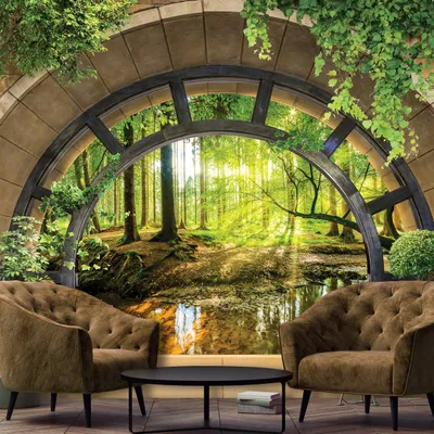 Produktbild von Vlies Fototapete 3D EFFEKT Wald Sonne ( 368x254 cm - 4 Bahnen ) Fensterblick Ausblick inklusive Kleister Wohnzimmer Schlafzimmer Wandtapete Tapete Latexdruck UV-Beständig Montagefertig