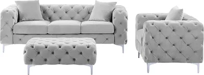 Produktbild von Chesterfield-Sofa 3-Sitzer, Chesterfield-Sessel & Chesterfield-Hocker - Samt - Hellgrau - EDWINA