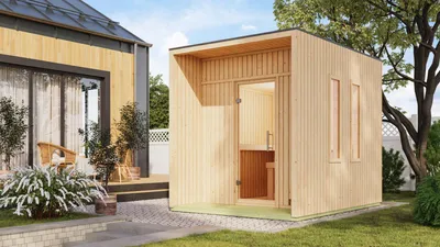 Produktbild von Karibu Saunahaus Außensauna Gartensauna Laguna unbehandelt Ofen 9 KW externe Strg easy 73mm gedämmte Elemente  220x288x244 cm