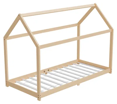 Produktbild von HAGO24 Kinderbett 90x200cm Natur Kinderhaus Bett Kiefernholz Hausoptik Dach Bodentiefer Einstieg Montessori Lattenrost Spielbett