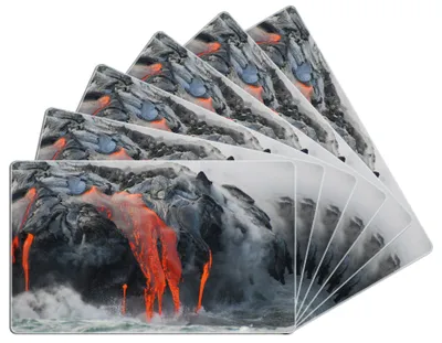 Produktbild von Wallario Frühstücksbrettchen 6er Set aus Glas, je 14 x 23 cm, mit rutschfesten Füßen, Motiv Lavastrom ins Meer