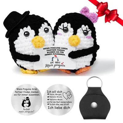 Pinguin-Paar Liebesgeschenk handgehäkelt mit Münze und Karte