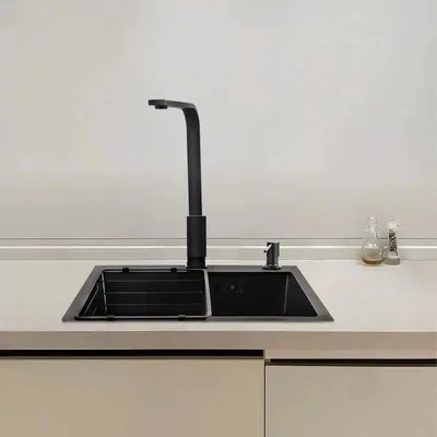 Zdjęcie produktu dla Zlewozmywak kuchenny – montaż podblatowy – 45×40×20 cm – stal nierdzewna 201 – 1 komora – z baterią – czarny