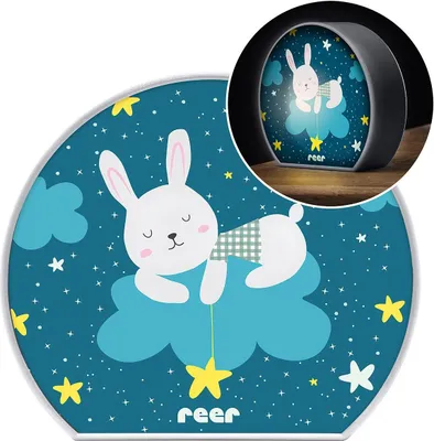 A product image featuring a night light with a bunny illustration, shown both flat and in a circular inset showing it lit.