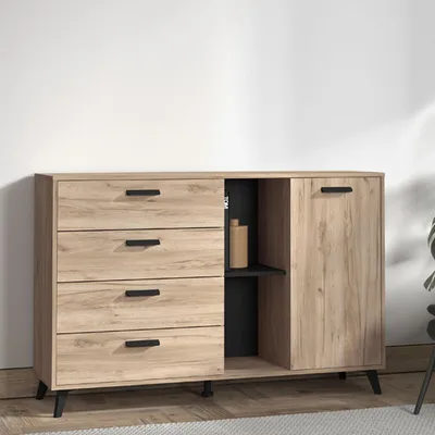 Image de Issogne - Buffet, 138x40x91h cm Marron Chêne Gris, 4 Tiroirs