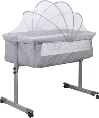 Produktbild von 3-in-1-Beistellbett für Babys mit Matratze und Moskitonetz, mobiles Babybett, höhenverstellbar (Grau 96 * 57 * 77cm)