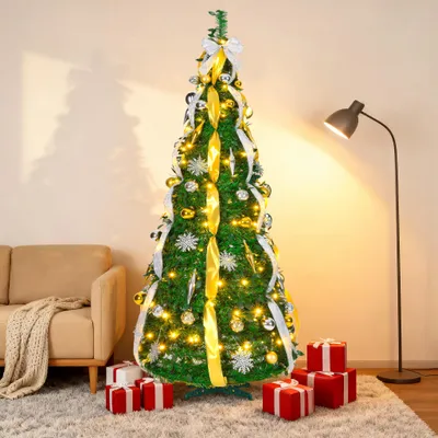 Zdjęcie produktu dla LARS360, choinka świąteczna rozkładana, 180 cm, z diodami LED, złota i srebrna, z efektem śniegu, sztuczna choinka z podstawą