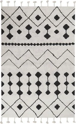 Obrázek produktu pro BELIANI Koberec bílá a černá bavlněný 140 x 200 cm geometrický vzor se střapci orientální boho