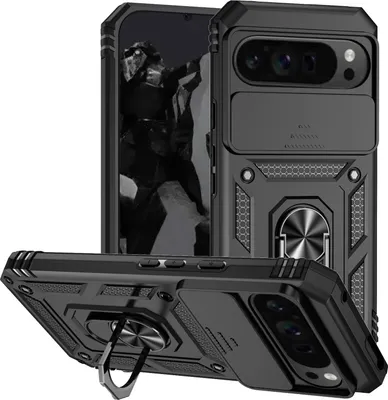 Immagine prodotto di Custodia per Google Pixel 10 Pro XL a doppio strato con copertura scorrevole della fotocamera e supporto ad anello Nero