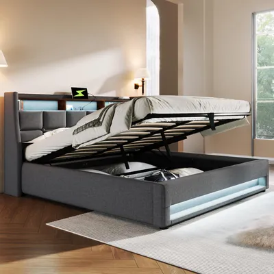 Image de OKWISH Lit tapissier 180x200cm avec coffre,Lit coffre Lit capitonné avec éclairage LED,Lit simple rembourré avec prise USB,Gris(Sans Matelas)