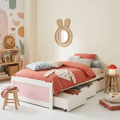 Produktbild von Bett MIA aus massiver Kiefer in weiß/rosa, schönes Funktionsbett mit 3 Schubladen, praktisches Jugendbett mit Liegefläche 90 x 200 cm