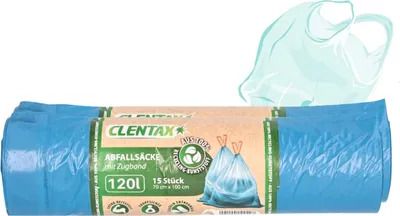 Produktbild von CLENTAX Schwerlastsack 120L Müllsack mit Zugband auf Rolle mit 15 Stück Abfallsack