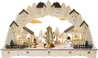 Produktbild von HGD LED-Lichterbogen mit drehendem Weihnachtsbaum - aus Holz - Batteriebetrieben und mit Netzanschluss