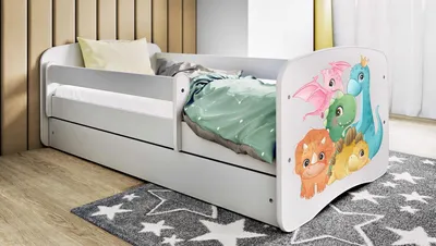 Produktbild von Kinderbett Weiß 70x140 80x160 80x180 cm – mit Matratze, Rausfallschutz und Schublade – Jugendbett für Mädchen und Jungen – Stabil und Sicher – Dinosaurier – 180x80 cm, KI-generiertes Bild
