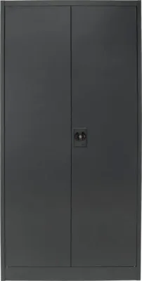 A closed, dark gray metal cabinet with a central lock.