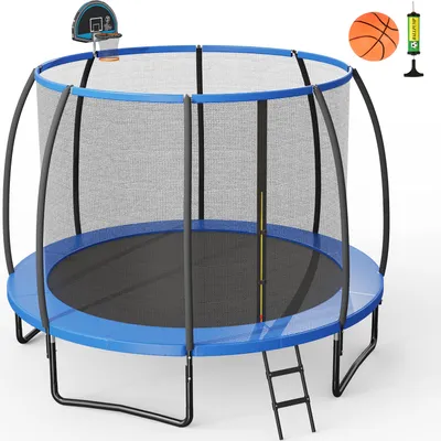 Immagine prodotto di COSTWAY φ305 cm trampolino da esterno, trampolino da giardino con scala, set completo di trampolino con pallone da basket, tappetino per saltare, rete di sicurezza e copertura dei bordi
