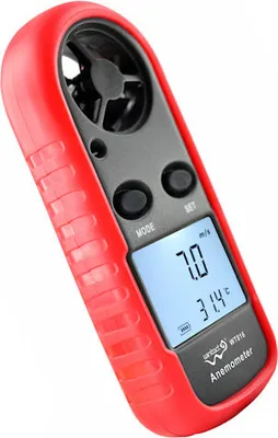 A red and gray anemometer is shown against a white background.