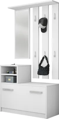 Produktbild von MIRJAN24 Garderobe-Set Kolom, Wandgarderobe mit 6 Kleiderhaken, Flurgarderobe mit Spiegel, Schuhschrank (Farbe: Weiß)