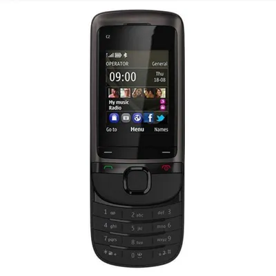 A black Nokia C2 feature phone is shown against a white background.