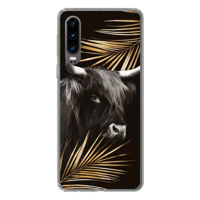 Produktbild von MuchoWow® Handyhülle Schutzhülle Hülle für Huawei P30 Schottischer Highlander - Blätter - Gold Silikon Softcase Handy Hülle - Kartenbesitzer