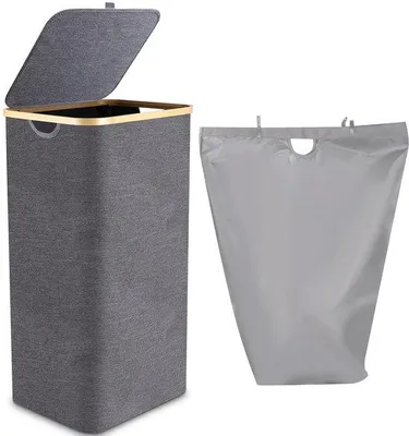 Immagine prodotto di Cestino portarifiuti in bambù da 100 litri, pieghevole, grigio, manico in bambù, sacchetto interno, grande capienza