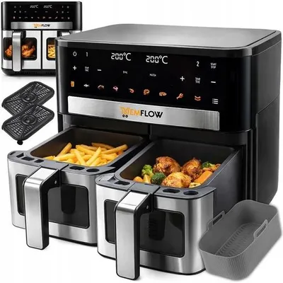 Produktbild von Dual Air Fryer Heissluftfritteuse 10L 2200W 2x5L XXL Zwei Kammern Sync & Match 9 Programme Antihaft Koerbe Silikonform