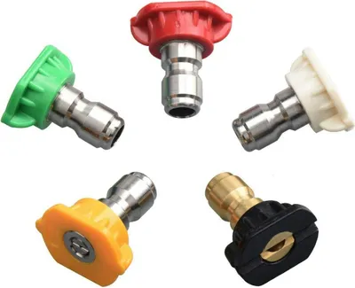 A collection of five different pressure washer spray nozzles, each with a different color plastic housing and a metal connector.