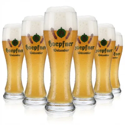 Produktbild von 6x Hoepfner Bier Glas 0,5l Weißbierglas grünes Logo Sahm Walchensee