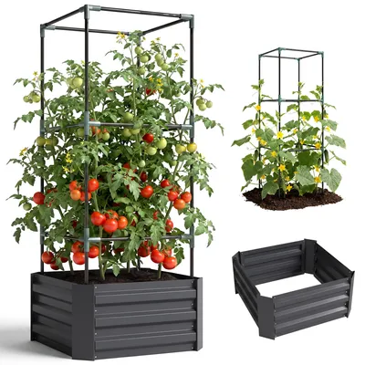 Productafbeelding van Verhoogd tuinbed met klimrek, plantenbak met klimhulp, open bodem, weerbestendig, 61 cm x 61 cm x 140 cm, donkergrijs