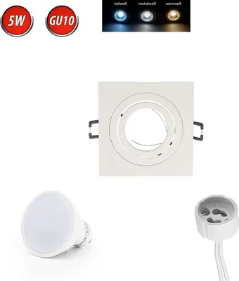 Obrázok produktu pre Zapustené bodové svietidlo GU10 Ø75-85 mm s vyvŕtaným otvorom hliník vrátane GU10 5W studenej bielej 350 lumenovej LED žiarovky bielej kartáčovanej hranatej