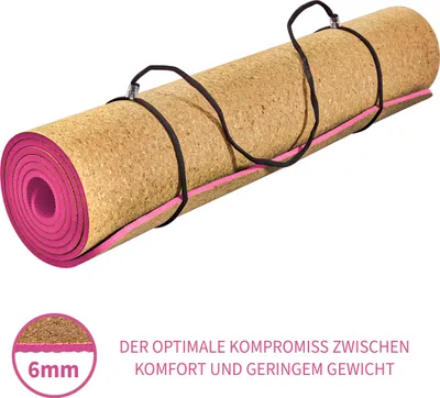 Produktbild von Yogamatte + Tragegurt aus Naturkork u. TPE Sport- Fitness- Gymnastikmatte 183cm Pink 6mm