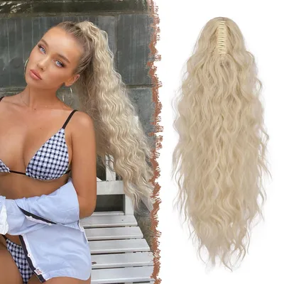 Obrázek produktu pro Dlouhá, vlnitá, kudrnatá paruka ve tvaru koně, s úchytkou, syntetická, 65 cm, světle blond